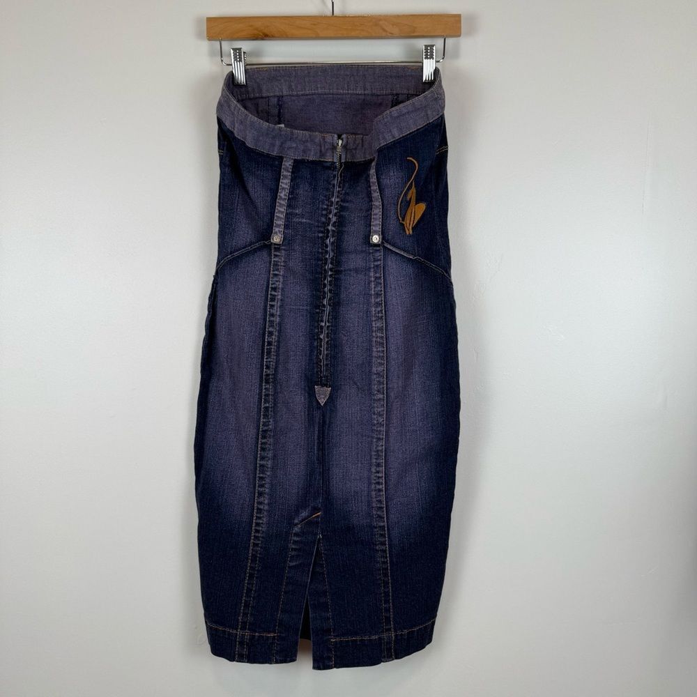 Vintage Y2K Baby Phat Strapless Stretch Denim Mini Dress Gold Cat Logo Size 9